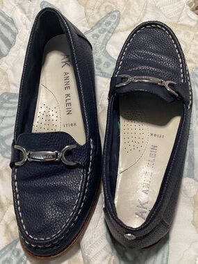 Anne Klein Navy Leather Driving Loafers with Silver Bit